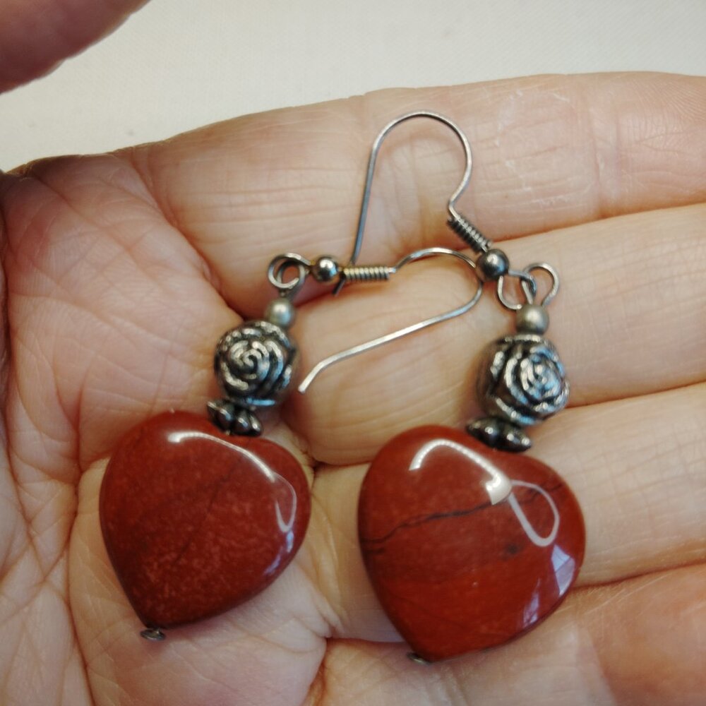 Genuine Red Jasper Heart Earrings Silver Tone 2.25 Inch Drop - Picture 2 of 3
